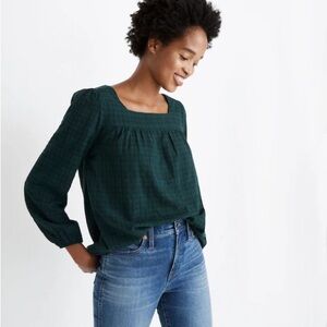 Madewell Women's Green Plaid Square Neck Peasant Top Size Small